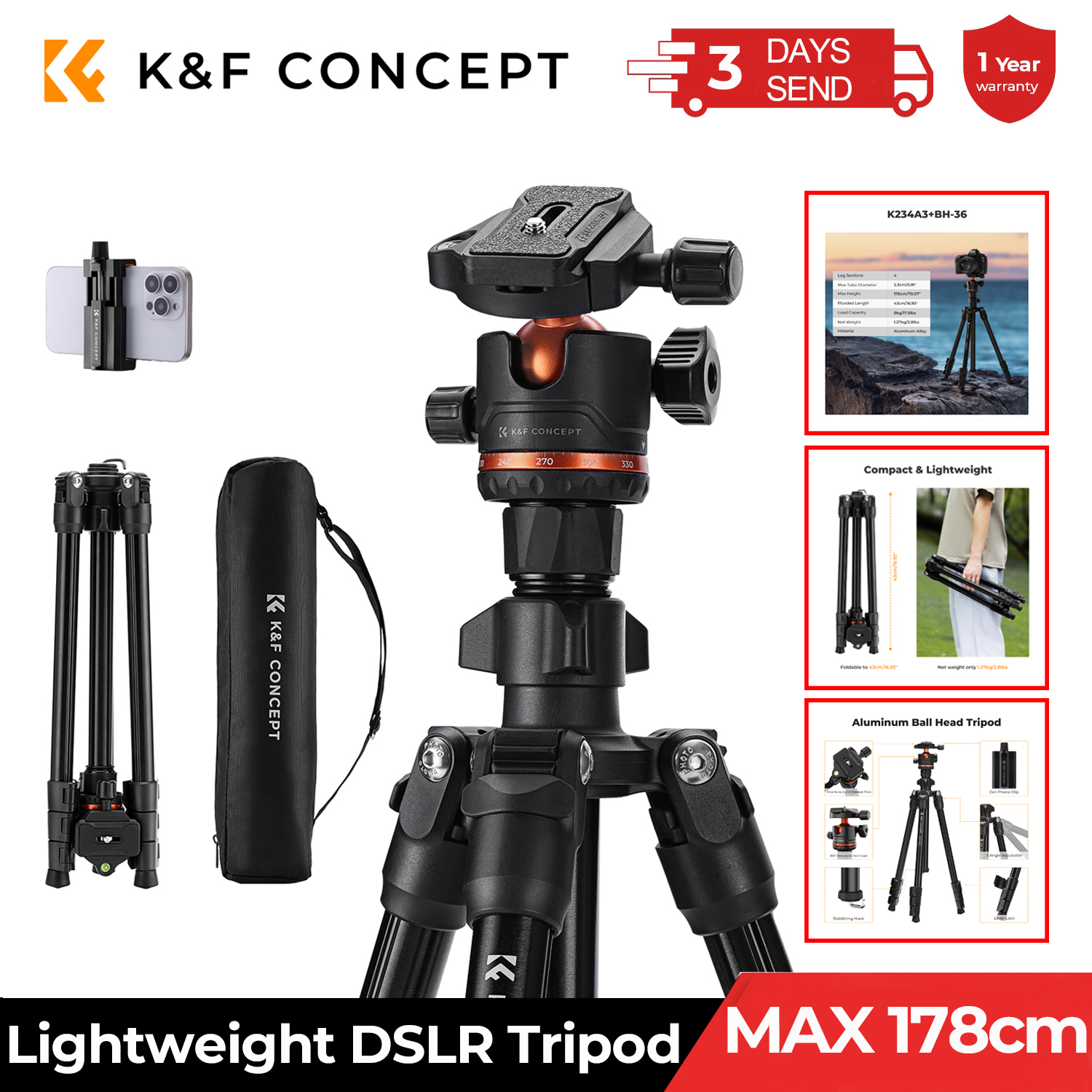 Camera Tripod Carbon - K&F CONCEPT 178cm Camera Tripod Cellphone