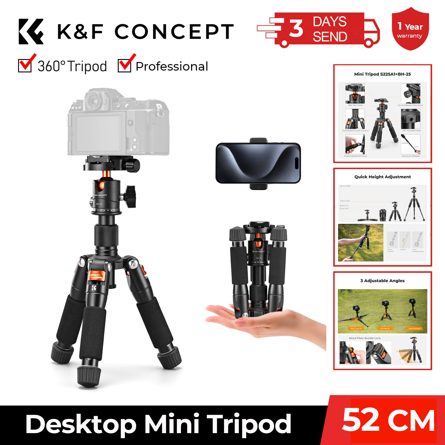 K&F CONCEPT 52cm Desktop Mini  - Camera Tripod Carbon บทวิจารณ์และราคา
